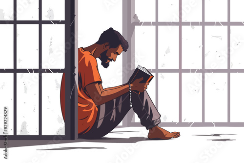 Inmate Reading a Book in Cell stock image isolated vector style