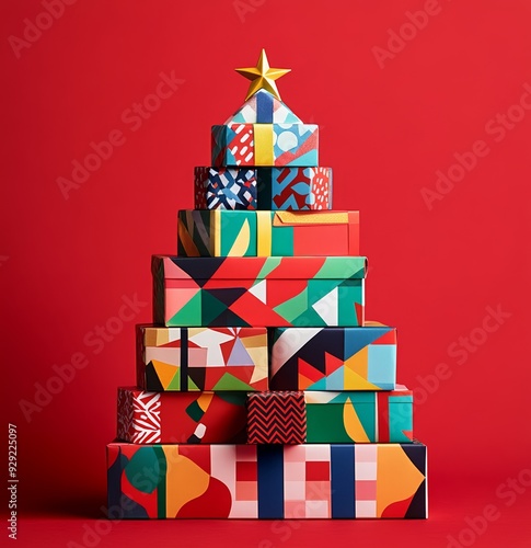 christmas tree made of stacked gift boxes on red background. Season greetings concept photo