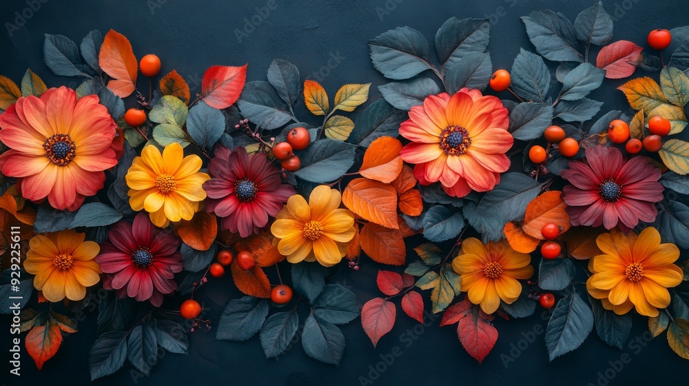 Autumnal floral arrangement forming a vibrant border on dark background Autumnal floral arrangement forming a vibrant border on dark background