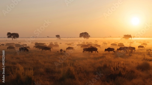 A large herd of wildebeest migrates across the African savanna at dawn, creating a powerful scene of wildlife in motion.