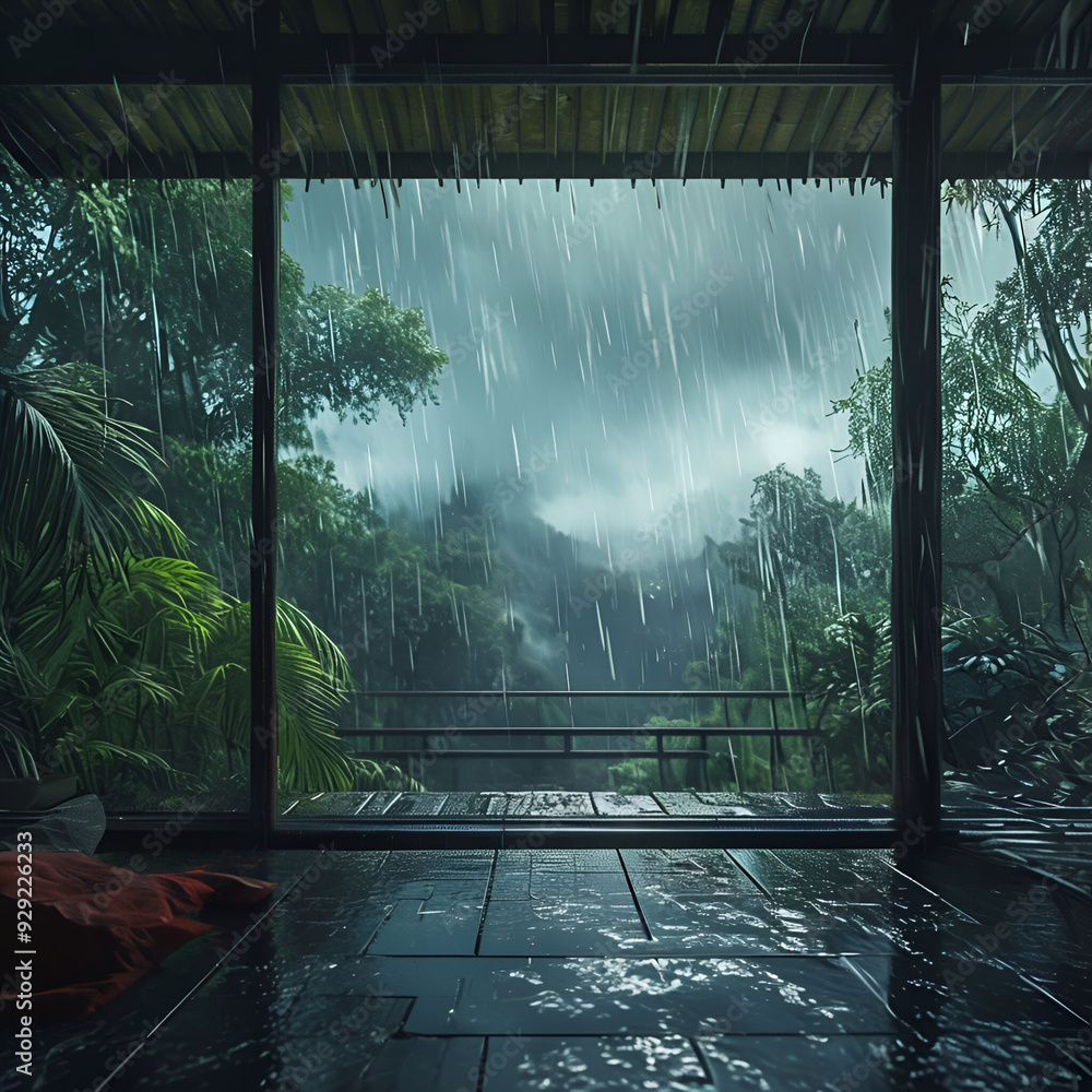 A tropical downpour in the Amazon rainforest, viewed from a cozy villa ...