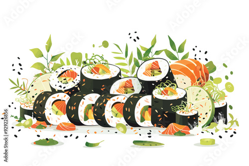 Sushi Rolls with Fresh Fish and Vegetables stock imag isolated vector style