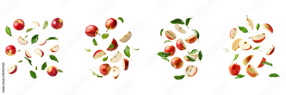 Apples with half slices falling or floating in the air with green leaves Isolated on a transparent background Apples with half slices falling or floating in the air with green leaves Isolated on a transparent background