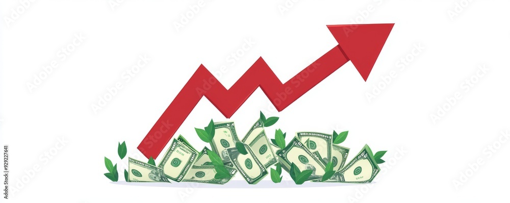 Growing financial success concept with red arrow and thriving money plant Growing financial success concept with red arrow and thriving money plant