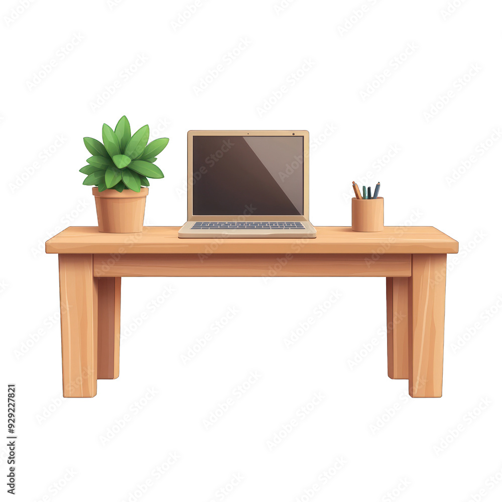 A stylish wooden desk featuring a laptop, plant, and stationery for a modern workspace. Ideal for remote work and productivity. transparent background A stylish wooden desk featuring a laptop, plant, and stationery for a modern workspace. Ideal for remote work and productivity. transparent background