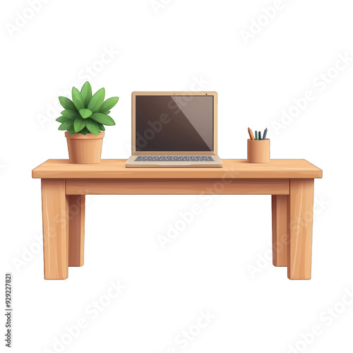 A stylish wooden desk featuring a laptop, plant, and stationery for a modern workspace. Ideal for remote work and productivity. transparent background