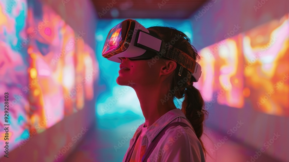 Fototapeta premium Woman experiencing virtual reality with headset, immersed in colorful digital art installation, futuristic technology concept.
