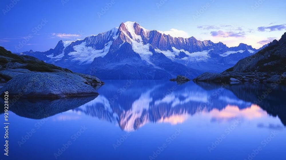 Obraz premium At daybreak, the azure waters of Lac Blanc mirror the snow-capped peaks of Mont Blanc. Chamonix, Haute Savoie, French Alps, France, EuropeMojito drink against a dark backdrop