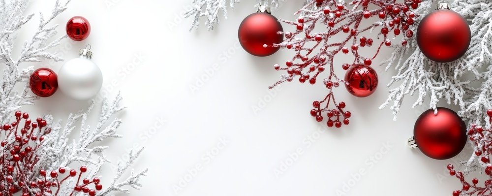 Fototapeta premium Christmas decoration with red ornaments and white snowy branches forming a frame