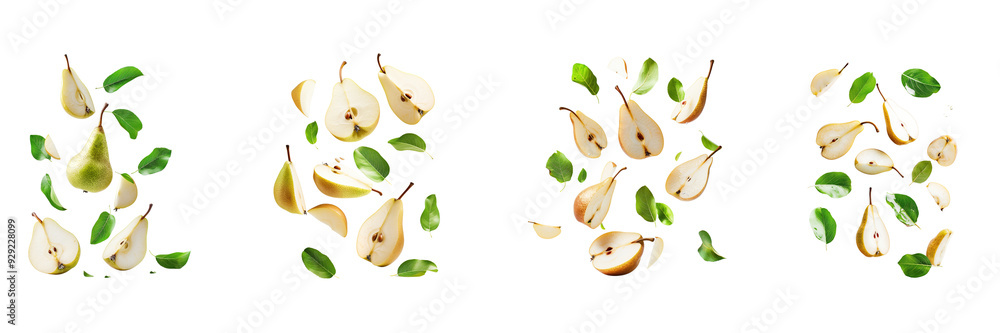 Obraz premium Pear with half slices falling or floating in the air with green leaves Isolated on a transparent background