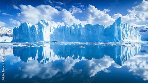 A vast glacier with sharp peaks reflecting in a still blue water. photo