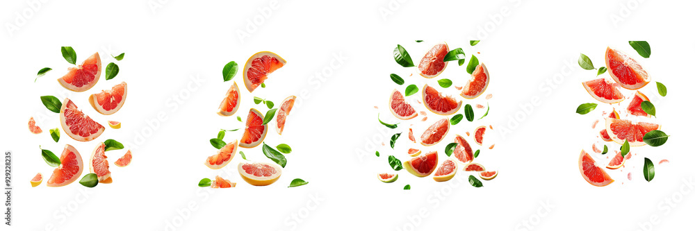 Red Pomelo with half slices falling or floating in the air with green leaves Isolated on a transparent background Red Pomelo with half slices falling or floating in the air with green leaves Isolated on a transparent background