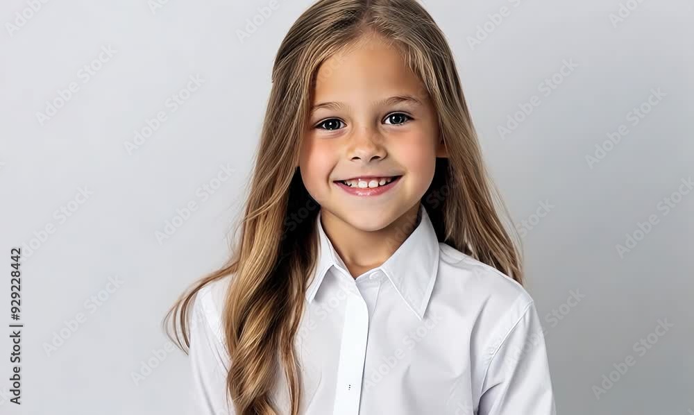 Portrait of a smiling little girl in a white shirt on a gray background Portrait of a smiling little girl in a white shirt on a gray background