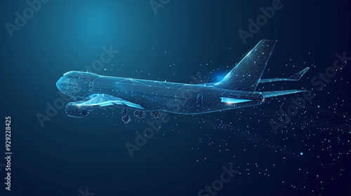 Digital 3D Airplane Isolated in Dark Blue Background with Copy Space Area. Abstract Wireframe Aircraft.	 photo