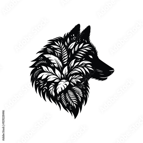 silhouette of Wolf, filled with tropical plant in the jungle in rough drawing,