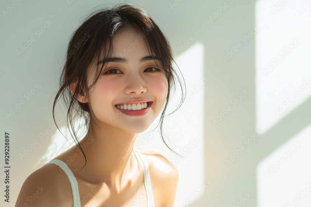 Beautiful young Asian woman smiling and happy created with Generative AI Beautiful young Asian woman smiling and happy created with Generative AI