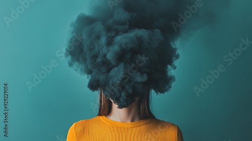 Wallpaper Mural A figure with a head obscured by dark smoke against a teal background, symbolizing confusion. Torontodigital.ca
