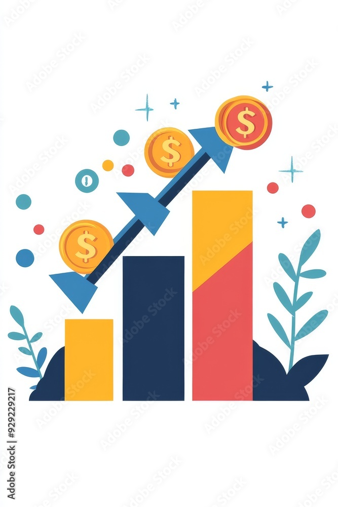 Business growth chart with increasing profits and dollar symbols Business growth chart with increasing profits and dollar symbols