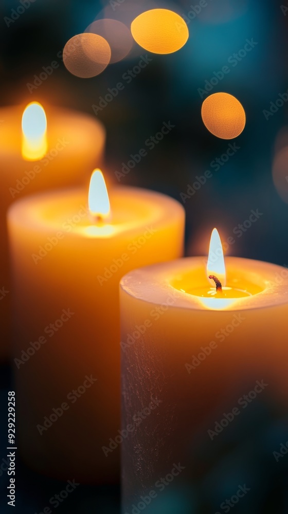 Three burning candles emitting warm light and creating bokeh effect Three burning candles emitting warm light and creating bokeh effect