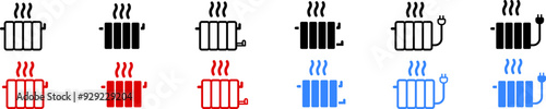 Evaporative heating radiator icon set. Gas and electric heating in the house sign in vector flat style. A hot or cold radiator with a sign of heating evaporation is depicted on an iridescent backgroun