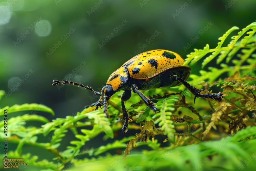 A small yellow and black bug sits on the leaf of a green plant A small yellow and black bug sits on the leaf of a green plant