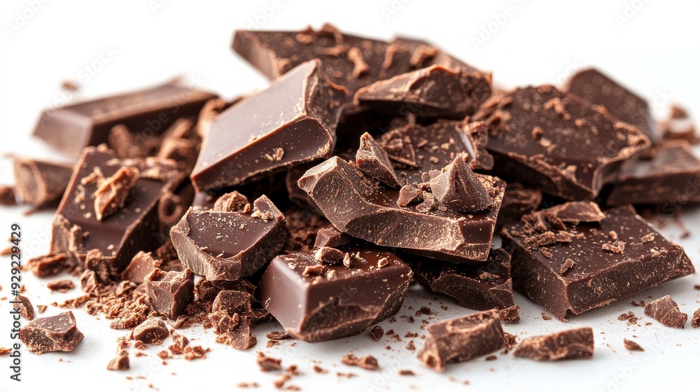 Pile of dark chocolate chunks covered in chocolate shavings Pile of dark chocolate chunks covered in chocolate shavings