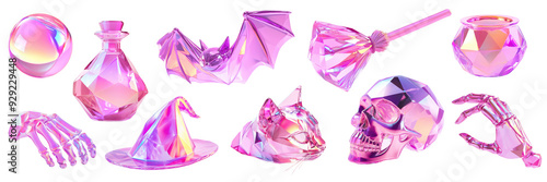 Halloween holiday mystical crystal elements like a skull, cat, bat, potion bottle, witch hat and broomstick in pink and purple colors on isolated background