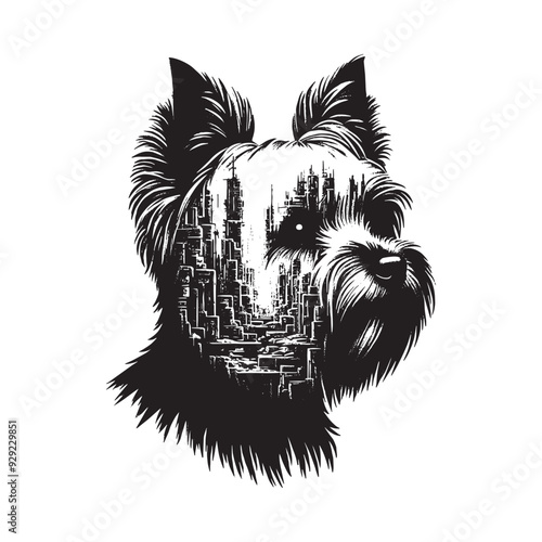 silhouette of Yorkshire Terrier, filled with destroyed futuristic dystopia environment in rough drawing,