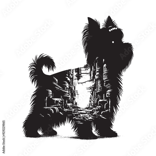 silhouette of Yorkshire Terrier, filled with destroyed futuristic dystopia environment in rough drawing,