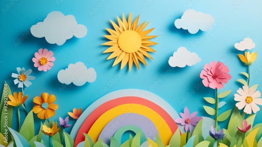 Colorful paper flowers and rainbow shining under the sun Colorful paper flowers and rainbow shining under the sun