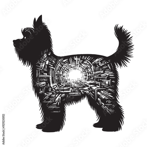 silhouette of Yorkshire Terrier, filled with destroyed futuristic dystopia environment in rough drawing,