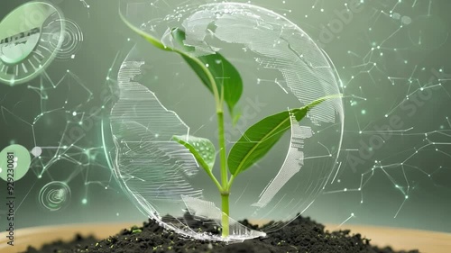 Digital elements and particles over green plant shoot. Ecology, environment, green energy, biotechnology concept. Ai-generated.