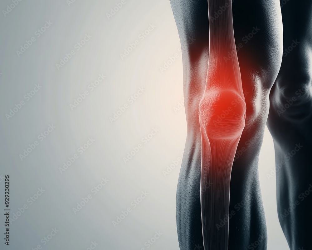 A close-up of a knee, showing tendons and muscles with a bright red aura indicating acute injury, set against a soft grayscale depiction of the leg, knee injury, acute pain illustration A close-up of a knee, showing tendons and muscles with a bright red aura indicating acute injury, set against a soft grayscale depiction of the leg, knee injury, acute pain illustration