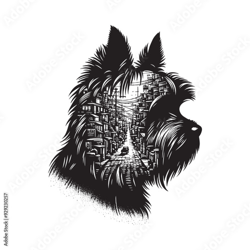 silhouette of Yorkshire Terrier, filled with ghetto street in rough drawing,