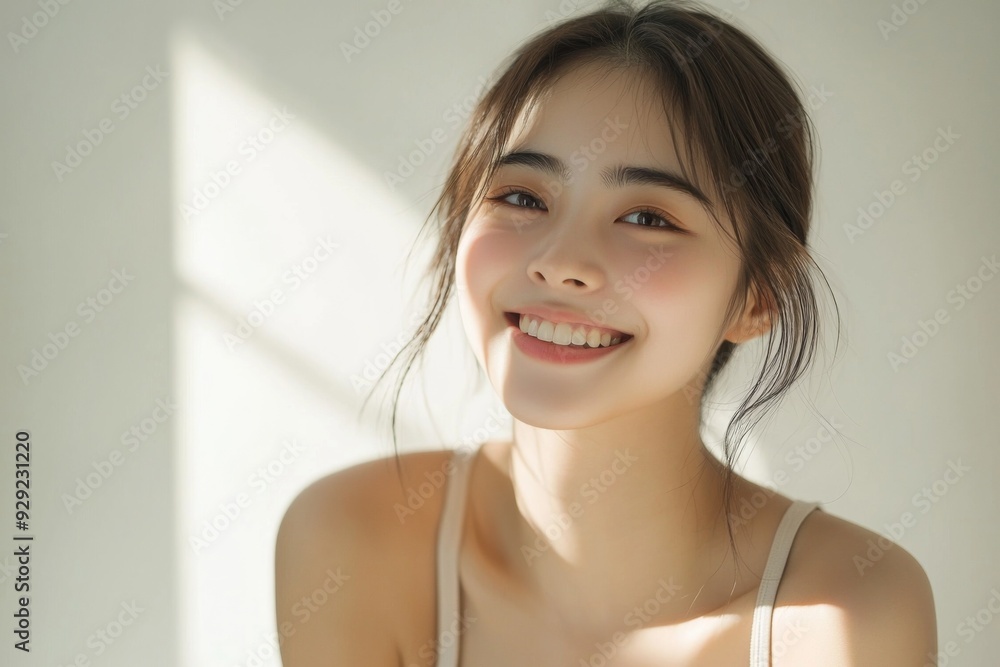 Beautiful young Asian woman smiling and happy created with Generative AI Beautiful young Asian woman smiling and happy created with Generative AI