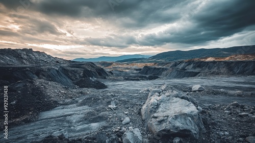 A vast coal mining area reveals its terrain under an overcast sky at dusk