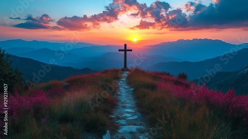 Christian cross standing on mountain top at sunset with scenic view