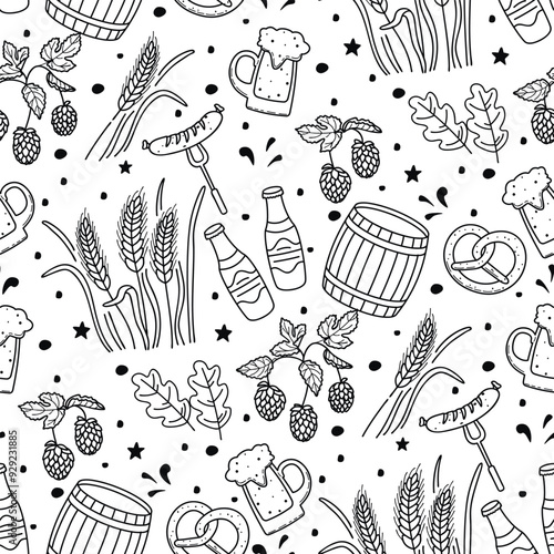 Graphic seamless pattern with brewing ingredients.Glasses with foaming beer, hops, barley, barrel, oak leaves, bottles.Outlines design elements in black on white background.Vector doodle  illustration