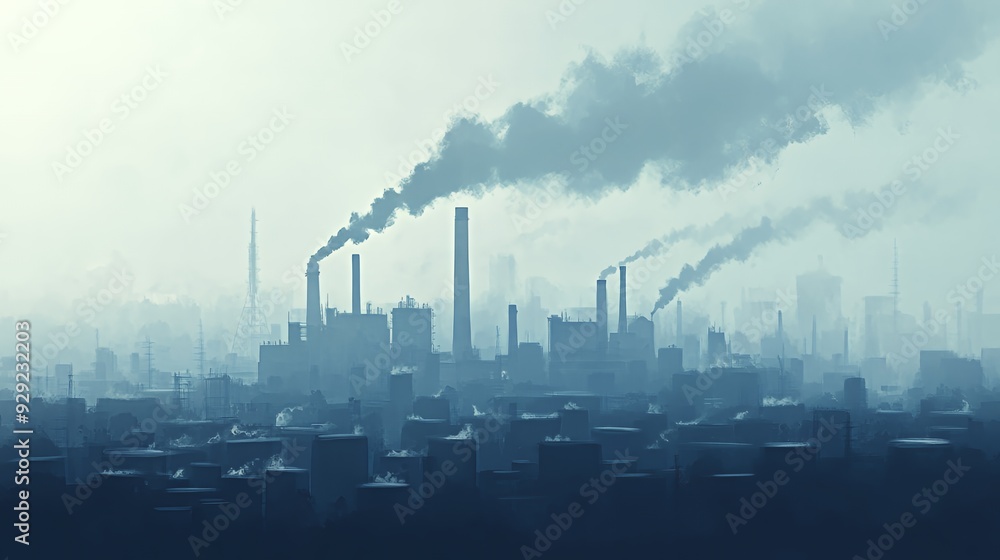 A foggy industrial landscape with smoke billowing from factories, highlighting pollution issues. A foggy industrial landscape with smoke billowing from factories, highlighting pollution issues.