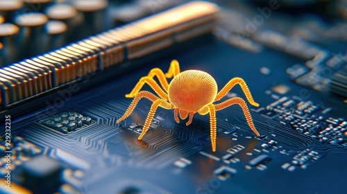 A vibrant orange spider on a circuit board, symbolizing the fusion of nature and technology in a unique digital landscape.