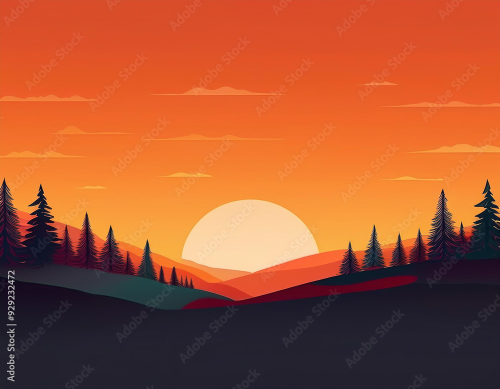 Naklejka premium Minimalist Sunset Over Forest Simple Shapes and Gradients for Warm Autumn Evenings