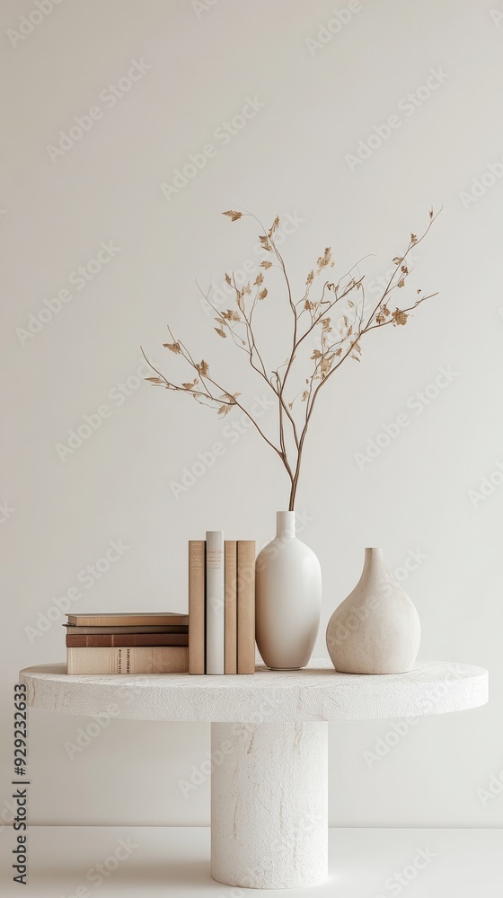 Minimalist interior design with round coffee table, vases and books Minimalist interior design with round coffee table, vases and books