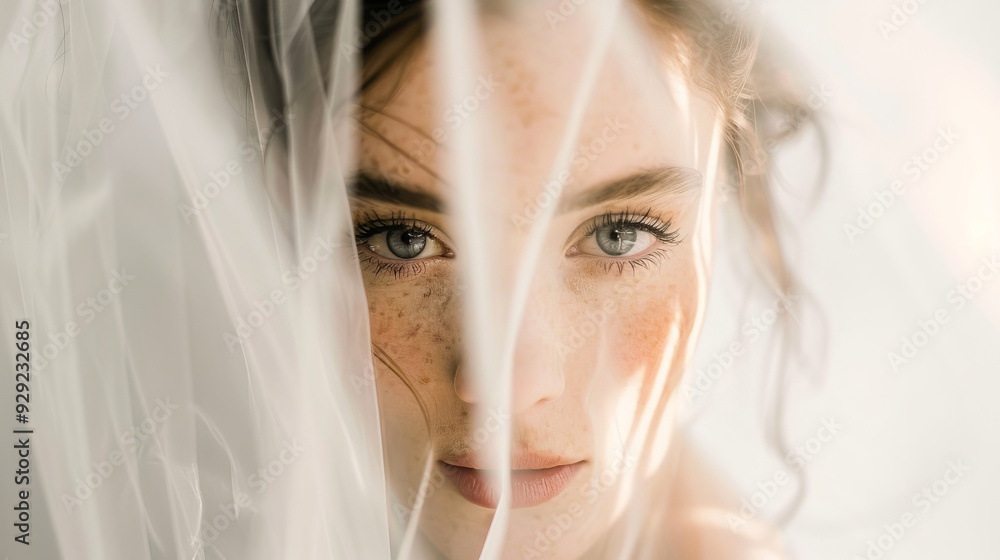 The bride gazes thoughtfully with her eyes partially hidden behind delicate veil strands, capturing a moment of anticipation and beauty The bride gazes thoughtfully with her eyes partially hidden behind delicate veil strands, capturing a moment of anticipation and beauty
