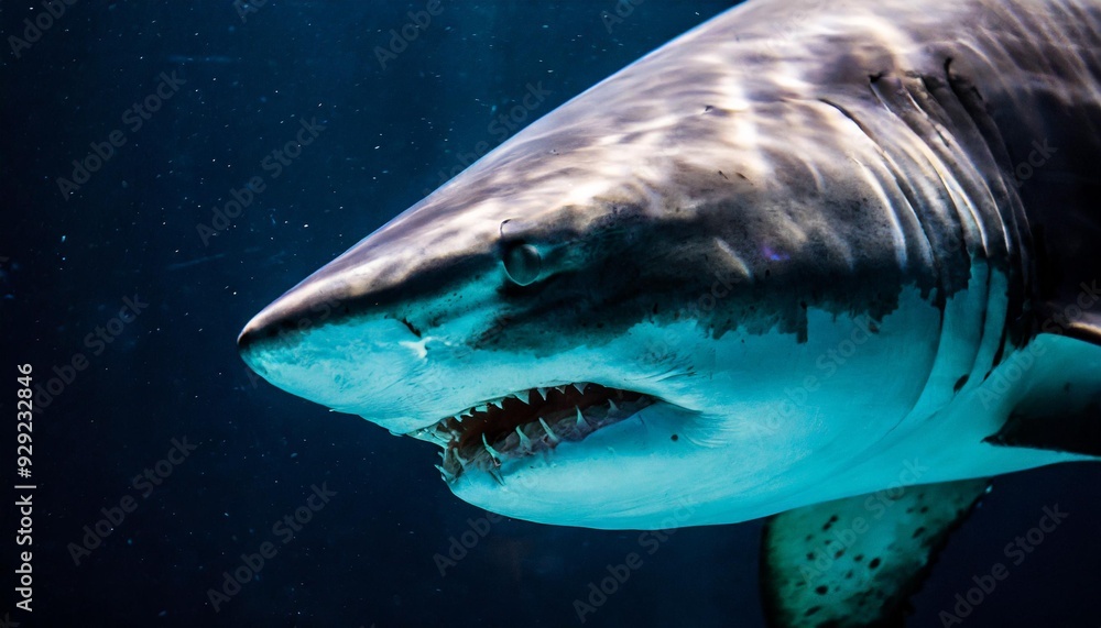 Fototapeta premium Great white shark view in depth of sea; clear turquoise waters 