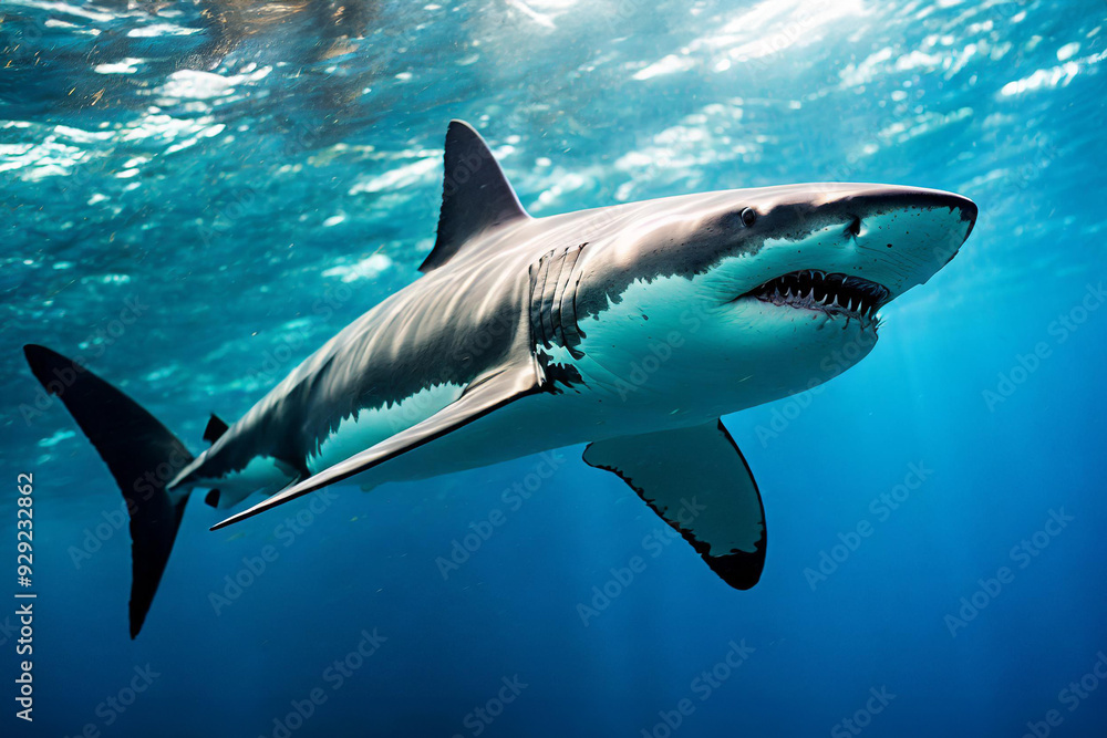 Great white shark view in depth of sea; clear turquoise waters Great white shark view in depth of sea; clear turquoise waters