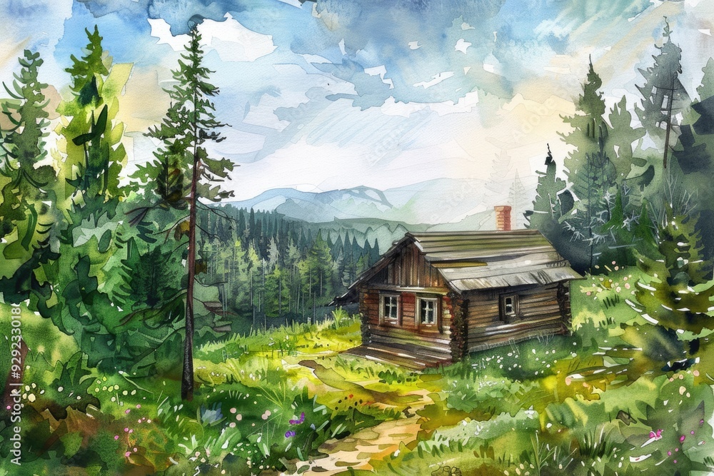 Rustic Wooden Cabin in a Green Forest Landscape. Hand Painted Watercolor Illustration Rustic Wooden Cabin in a Green Forest Landscape. Hand Painted Watercolor Illustration