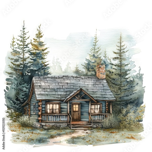Rustic Timberland Retreat. Hand-Painted Watercolor Illustration of Country Chalet in Nature Setting