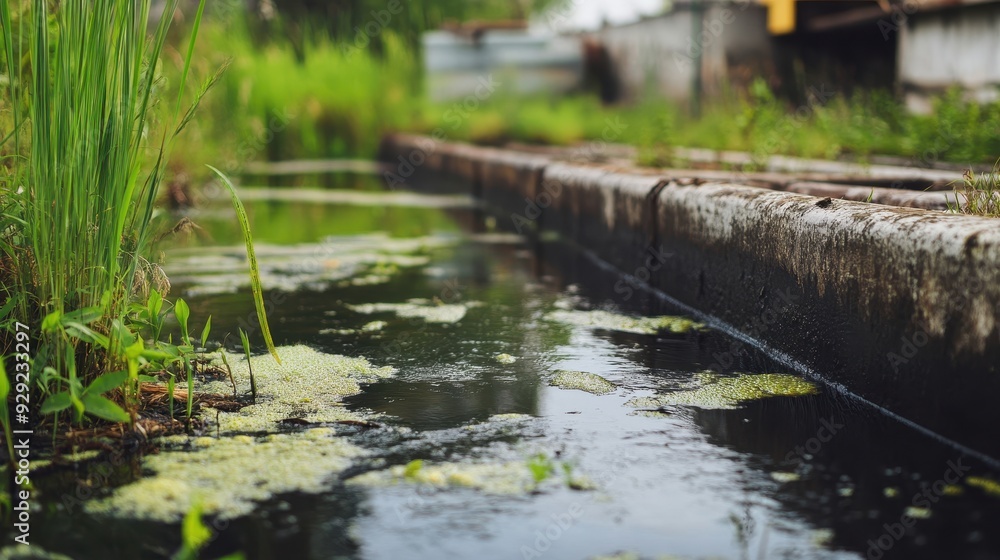 Toxic waste is being discharged from a factory into a nearby waterway, impacting the ecosystem and surrounding vegetation Toxic waste is being discharged from a factory into a nearby waterway, impacting the ecosystem and surrounding vegetation