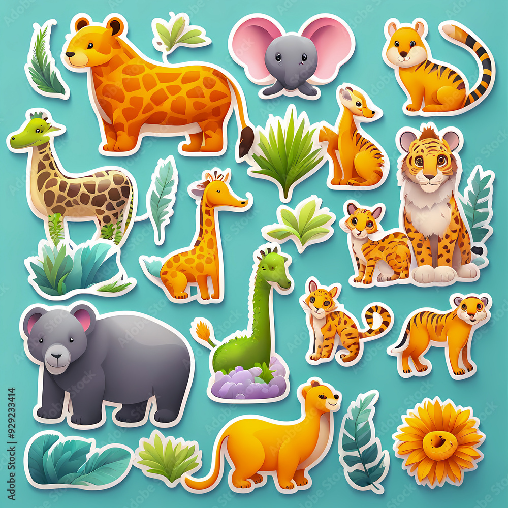 Fototapeta premium Set of cute animals stickers for kids on abstract background, design illustration wallpaper 