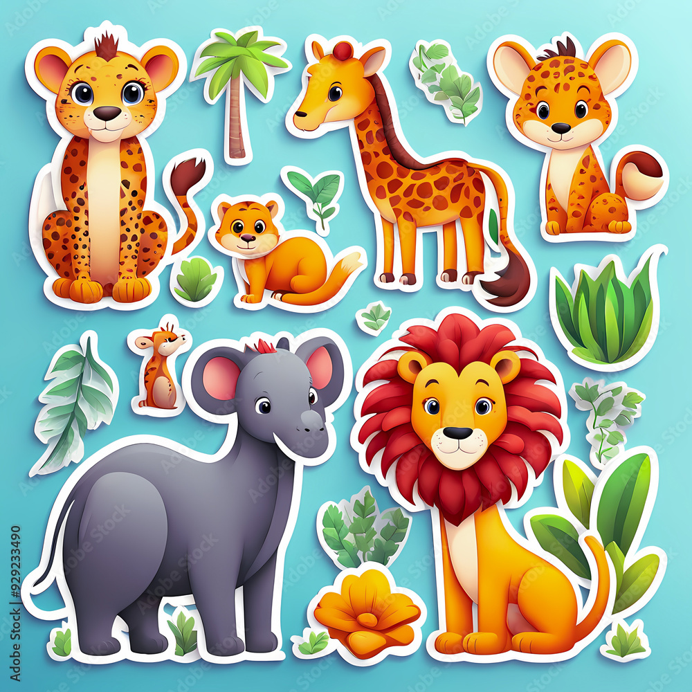 Set of cute animals stickers for kids on abstract background, design illustration wallpaper Set of cute animals stickers for kids on abstract background, design illustration wallpaper